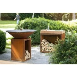 Billot Corten Et Bois De Teck 90 Cm - Ofyr -Gril De Cuisine ofyr billot range bois 90 cm 7430440799784 2